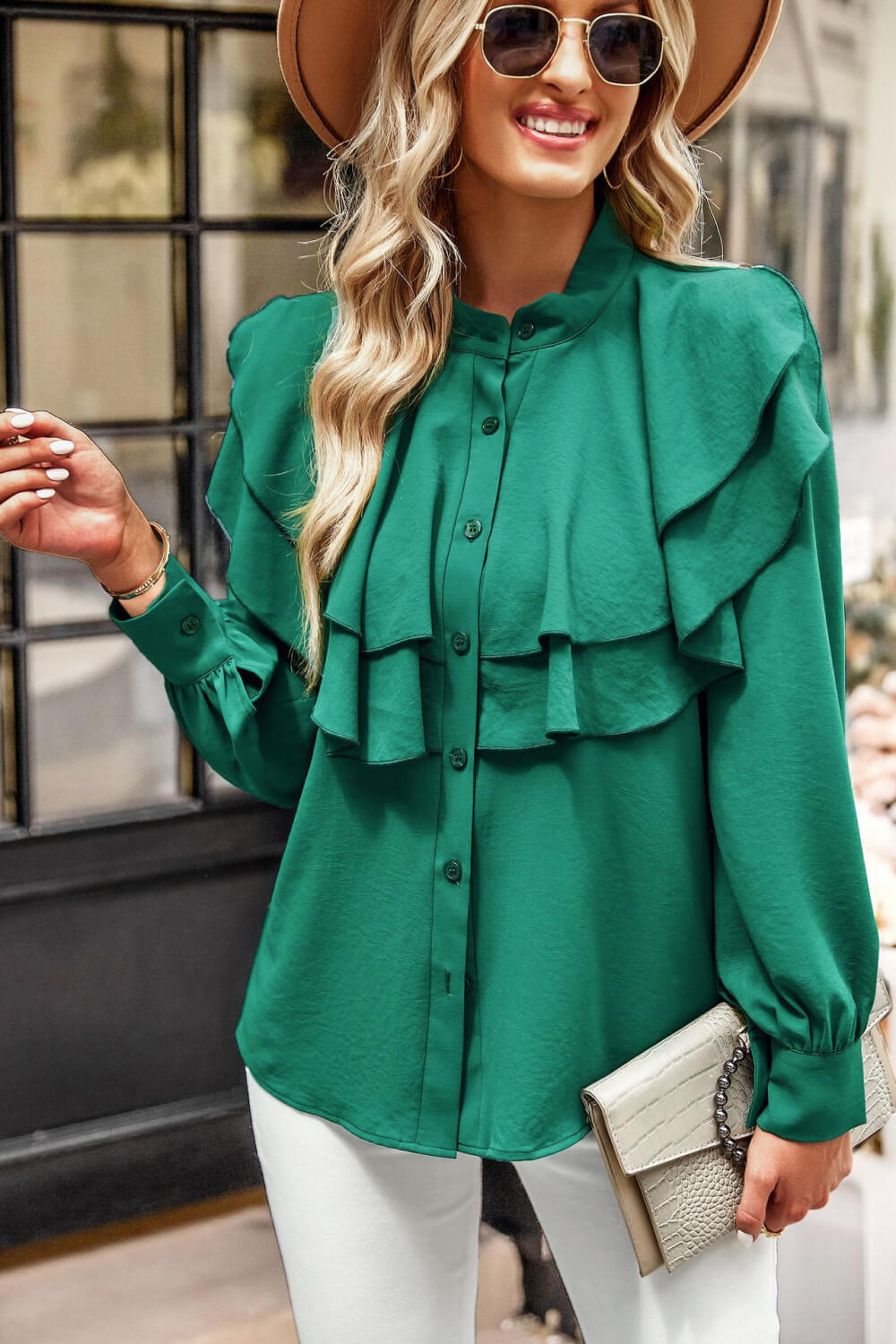 A stylish Ruffled Button-Up Puff Sleeve Blouse featuring layered ruffles, long puff sleeves, and a band collar, perfect for chic outfits.