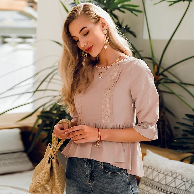 Elegant women's blouse with ruffled lace embroidery and butterfly sleeves, showcasing a square collar design.