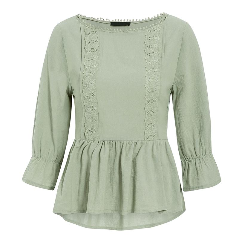 Elegant women's blouse with ruffled lace embroidery and butterfly sleeves, showcasing a square collar design.