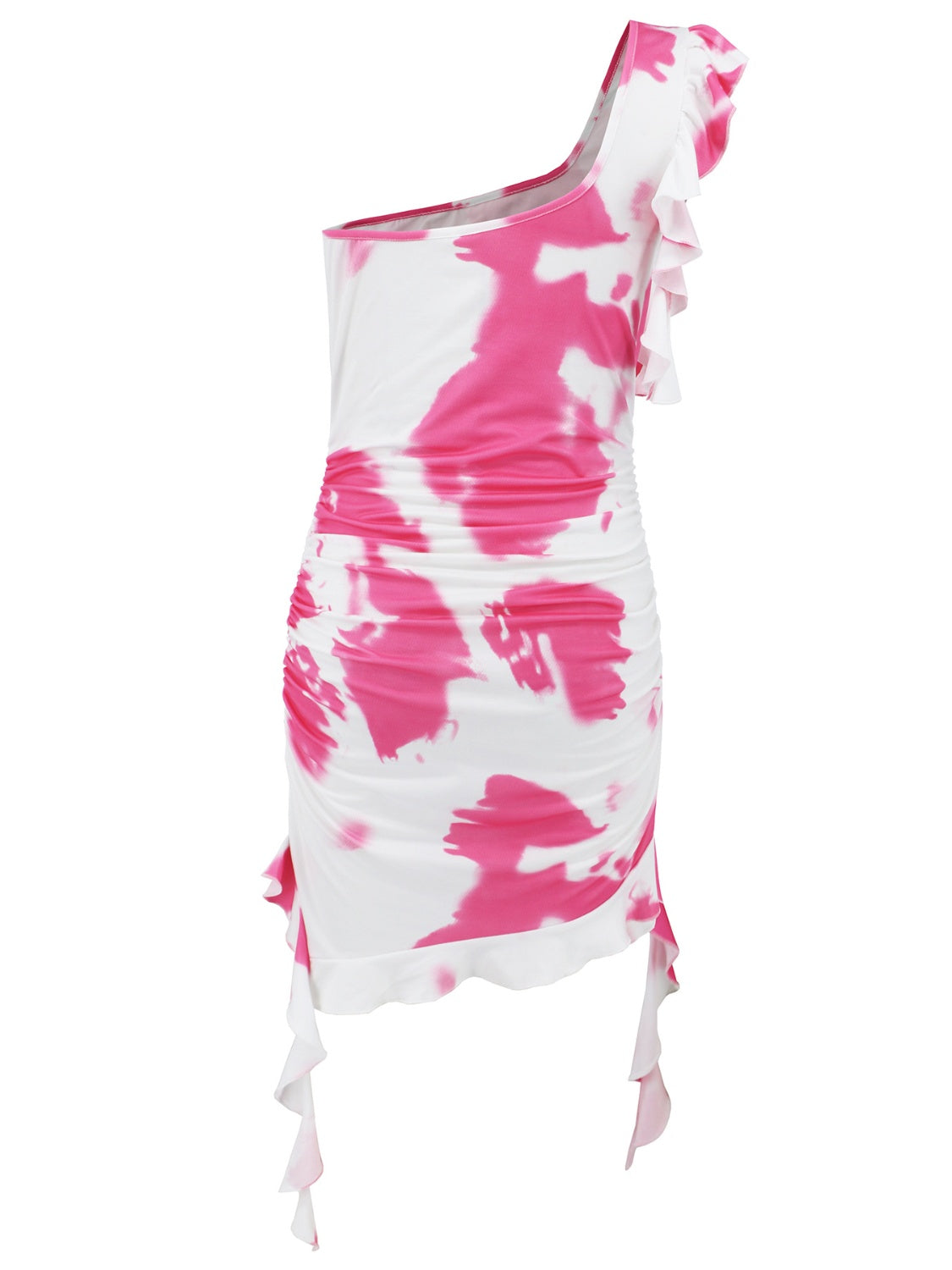 A stylish Ruffled Tie-Dye Single Shoulder Mini Dress featuring vibrant colors and a ruffled design, perfect for summer outings.