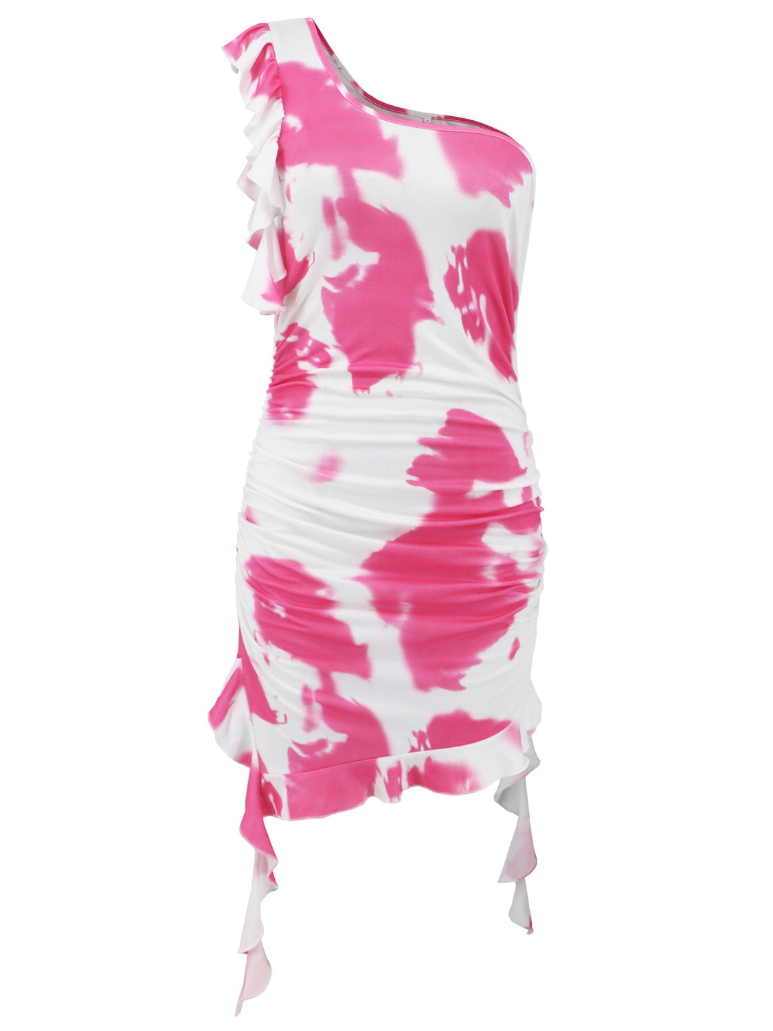 A stylish Ruffled Tie-Dye Single Shoulder Mini Dress featuring vibrant colors and a ruffled design, perfect for summer outings.