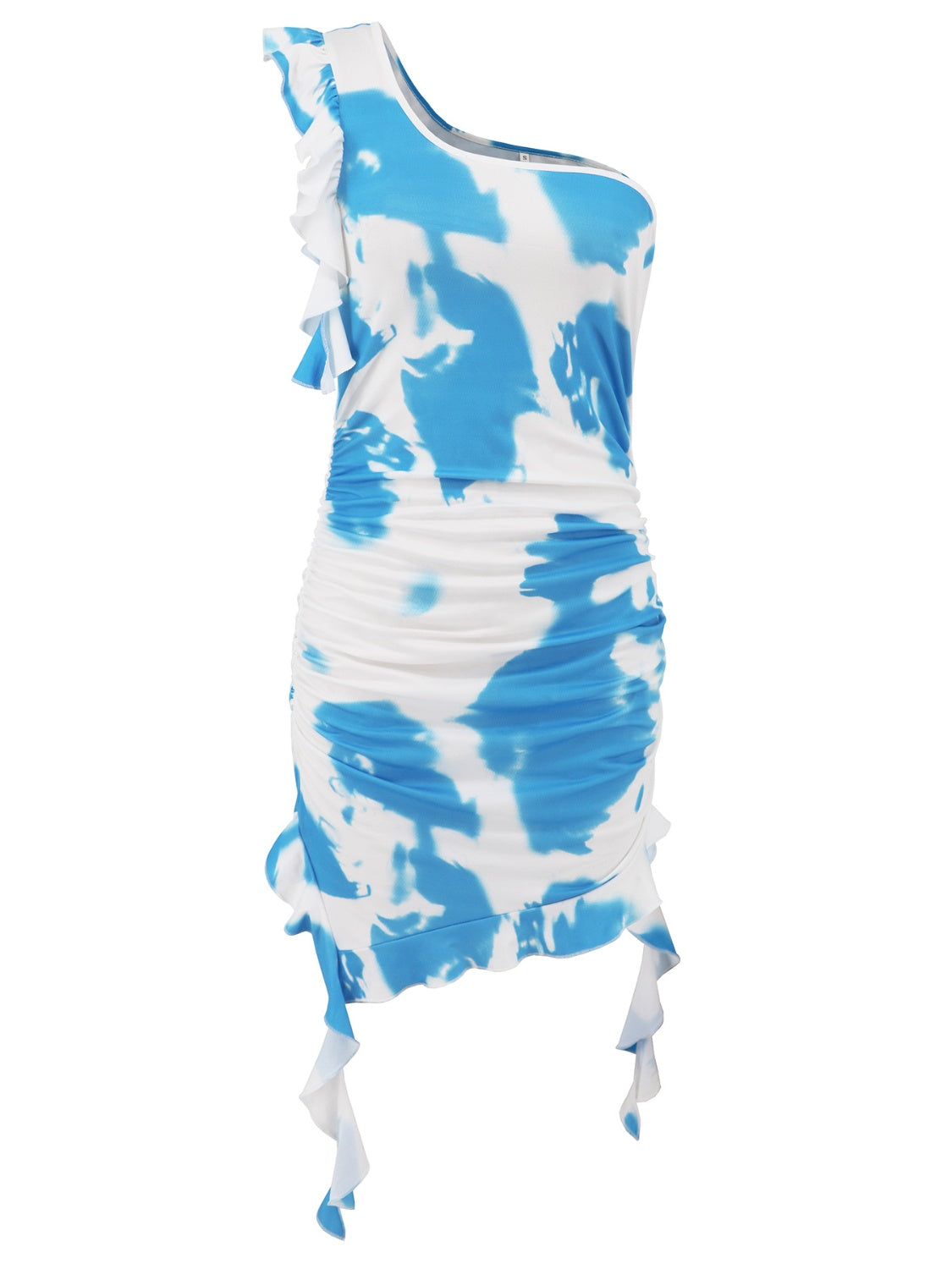 A stylish Ruffled Tie-Dye Single Shoulder Mini Dress featuring vibrant colors and a ruffled design, perfect for summer outings.