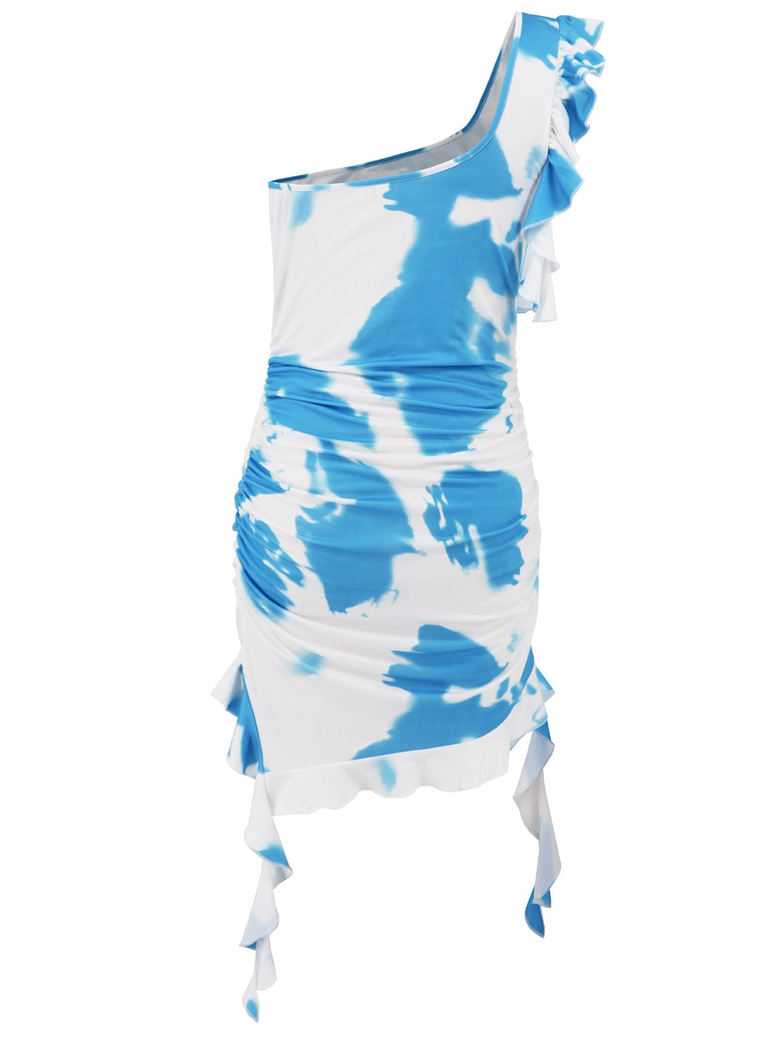 A stylish Ruffled Tie-Dye Single Shoulder Mini Dress featuring vibrant colors and a ruffled design, perfect for summer outings.