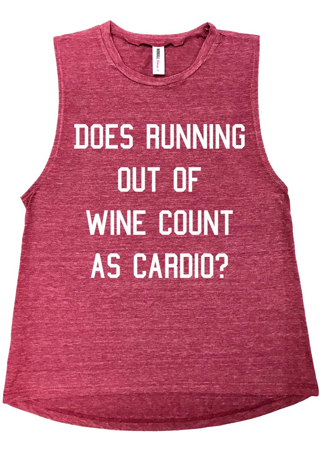 A Merlot Red Heather Muscle Tank Top with a humorous wine-themed graphic that reads 'DOES RUNNING OUT OF WINE COUNT AS CARDIO?'