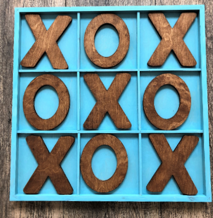 Rustic Handmade Aqua and Chestnut Giant Tic Tac Toe game set featuring a vintage aqua wood board and warm chestnut Xs and Os.