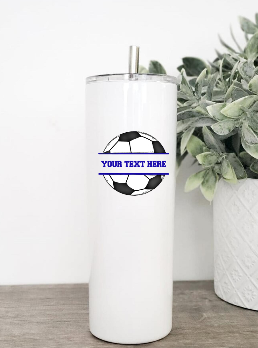 SA Gladiator Soccer Tumbler and Water Bottle in various sizes, showcasing double wall stainless steel design and vibrant direct ink printing.