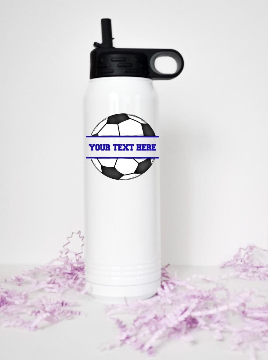 SA Gladiator Soccer Tumbler and Water Bottle in various sizes, showcasing double wall stainless steel design and vibrant direct ink printing.