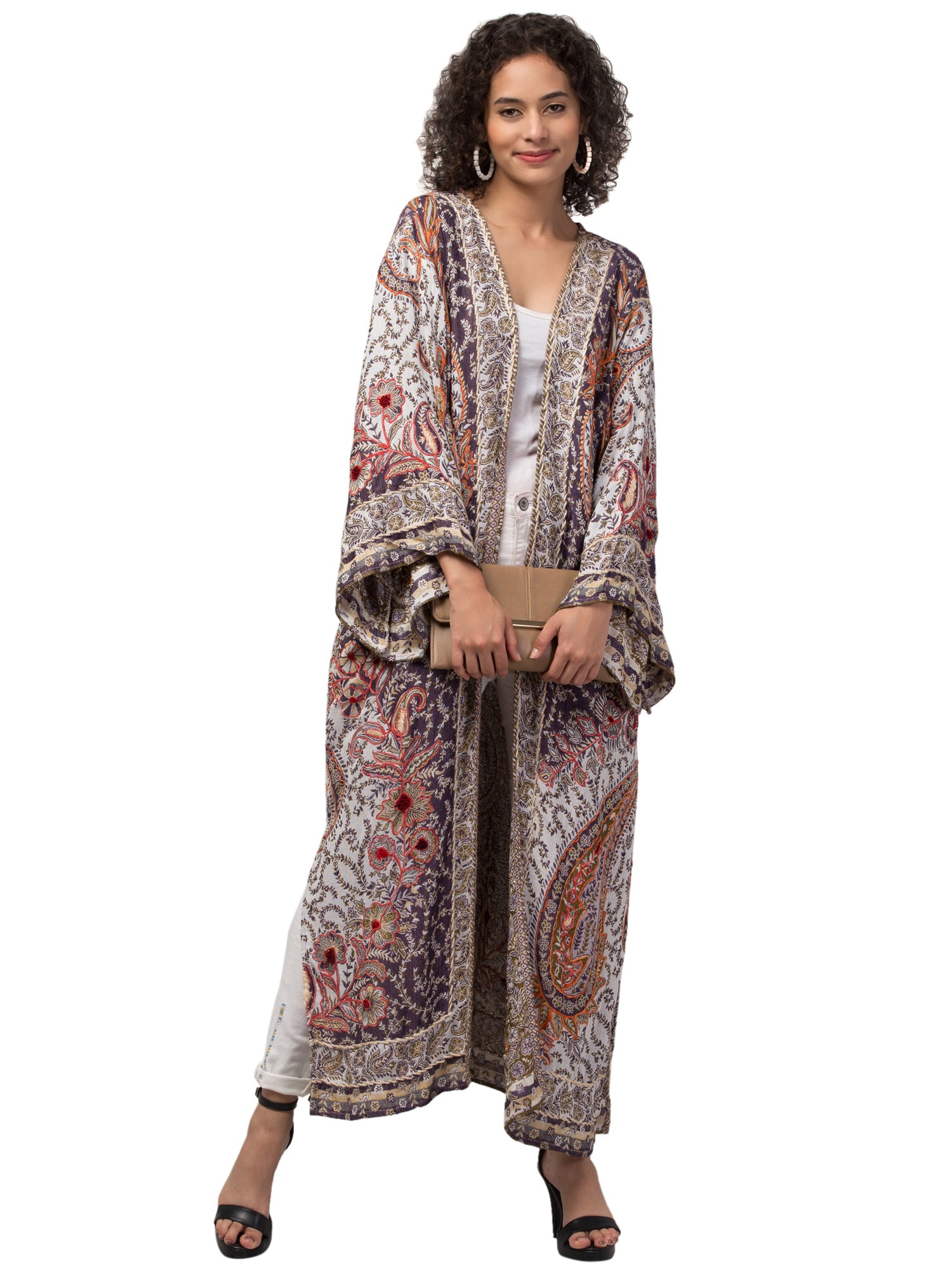 Sage Kimono Jacket featuring intricate hand embroidery and premium thick-stitched fabric, perfect for bohemian style.