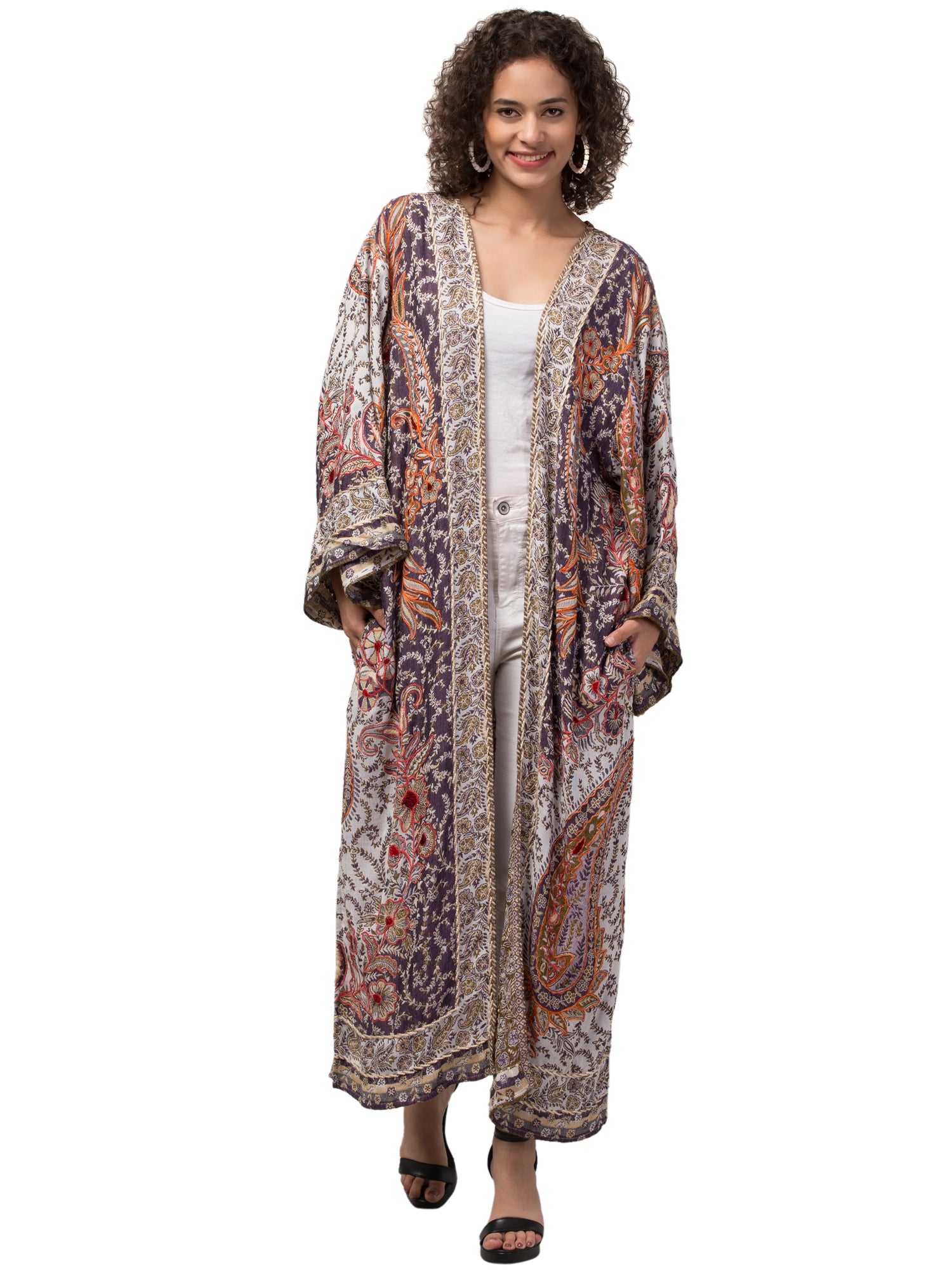 Sage Kimono Jacket featuring intricate hand embroidery and premium thick-stitched fabric, perfect for bohemian style.