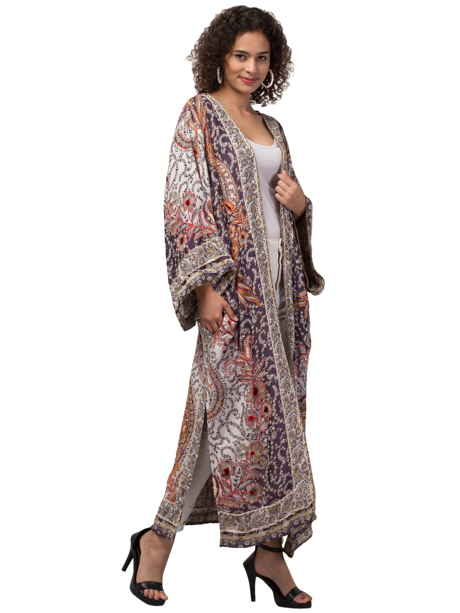 Sage Kimono Jacket featuring intricate hand embroidery and premium thick-stitched fabric, perfect for bohemian style.