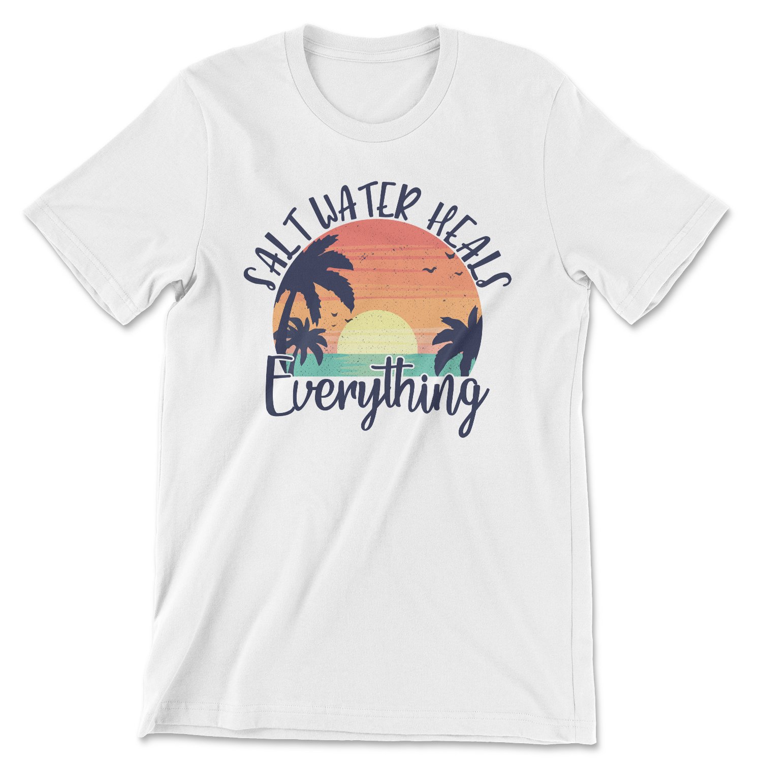 A stylish unisex tee featuring the phrase 'Salt Water Heals Everything', designed and printed in the USA.