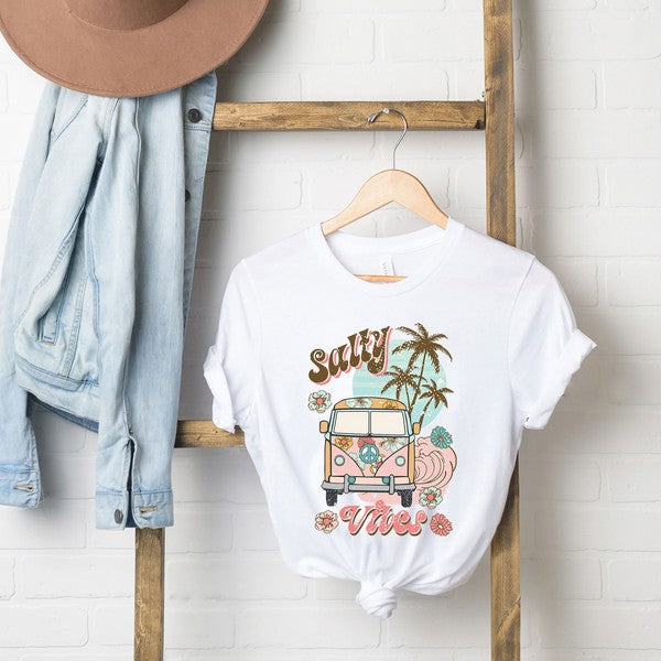 Salty Vibes Van Short Sleeve Graphic Tee in various colors, showcasing its unisex design and comfortable fabric.