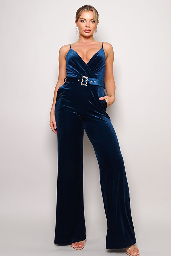 Samba Rhinestone Belt Velvet Jumpsuit in teal with spaghetti straps and rhinestone buckle belt, showcasing a deep V neckline and gathered bust detail.