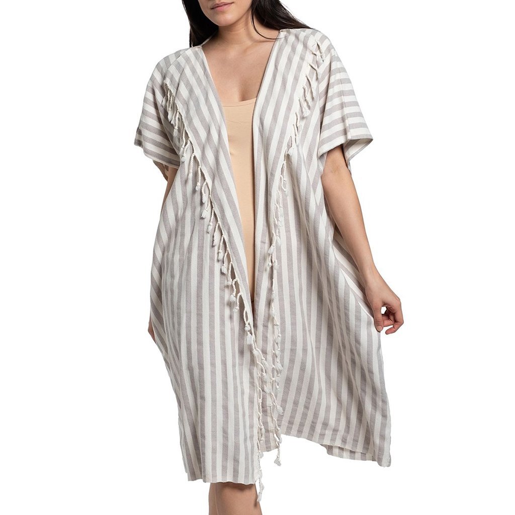 Sand Nautical Stripe Turkish Kimono showcasing elegant stripes and soft texture, perfect for beach and poolside lounging.