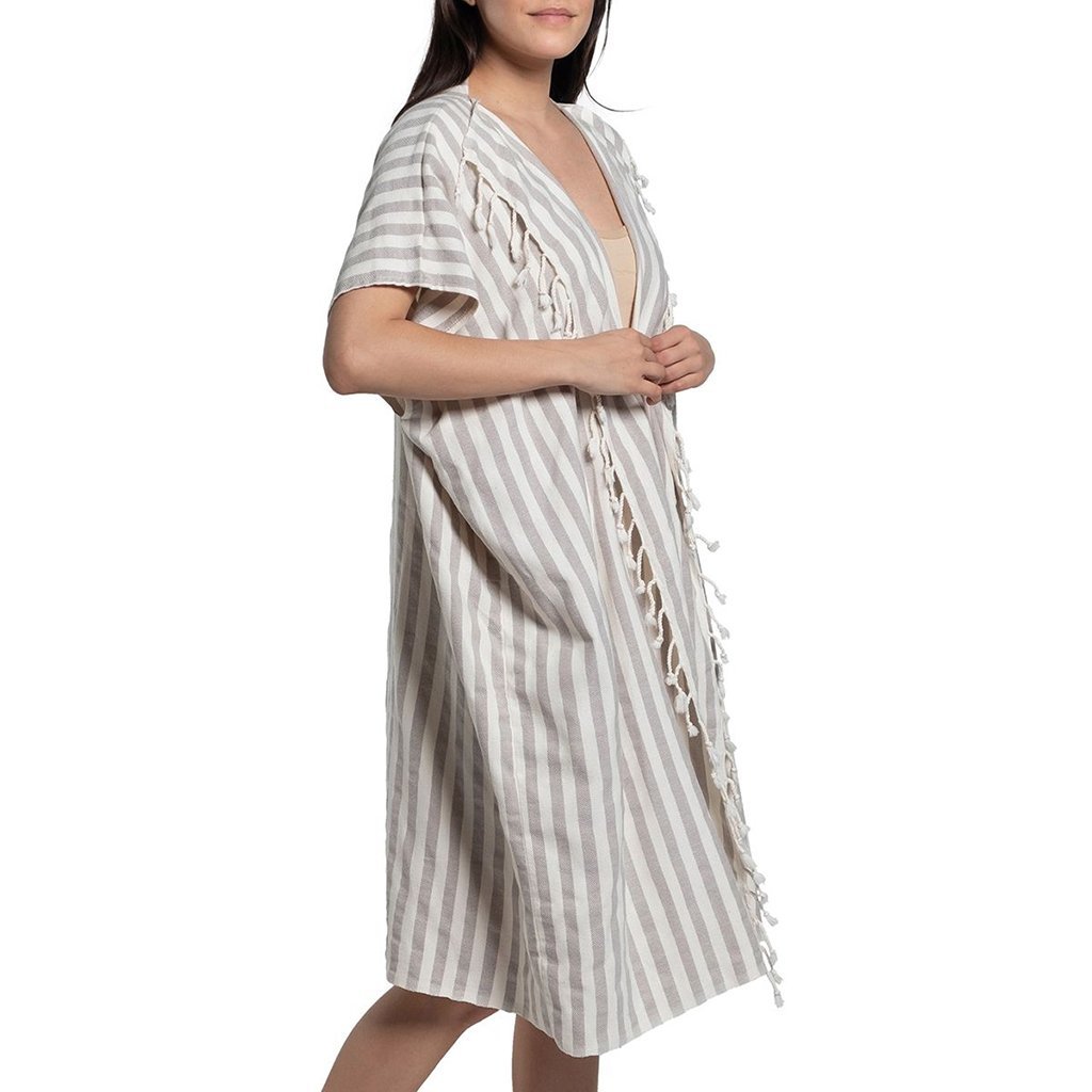 Sand Nautical Stripe Turkish Kimono showcasing elegant stripes and soft texture, perfect for beach and poolside lounging.