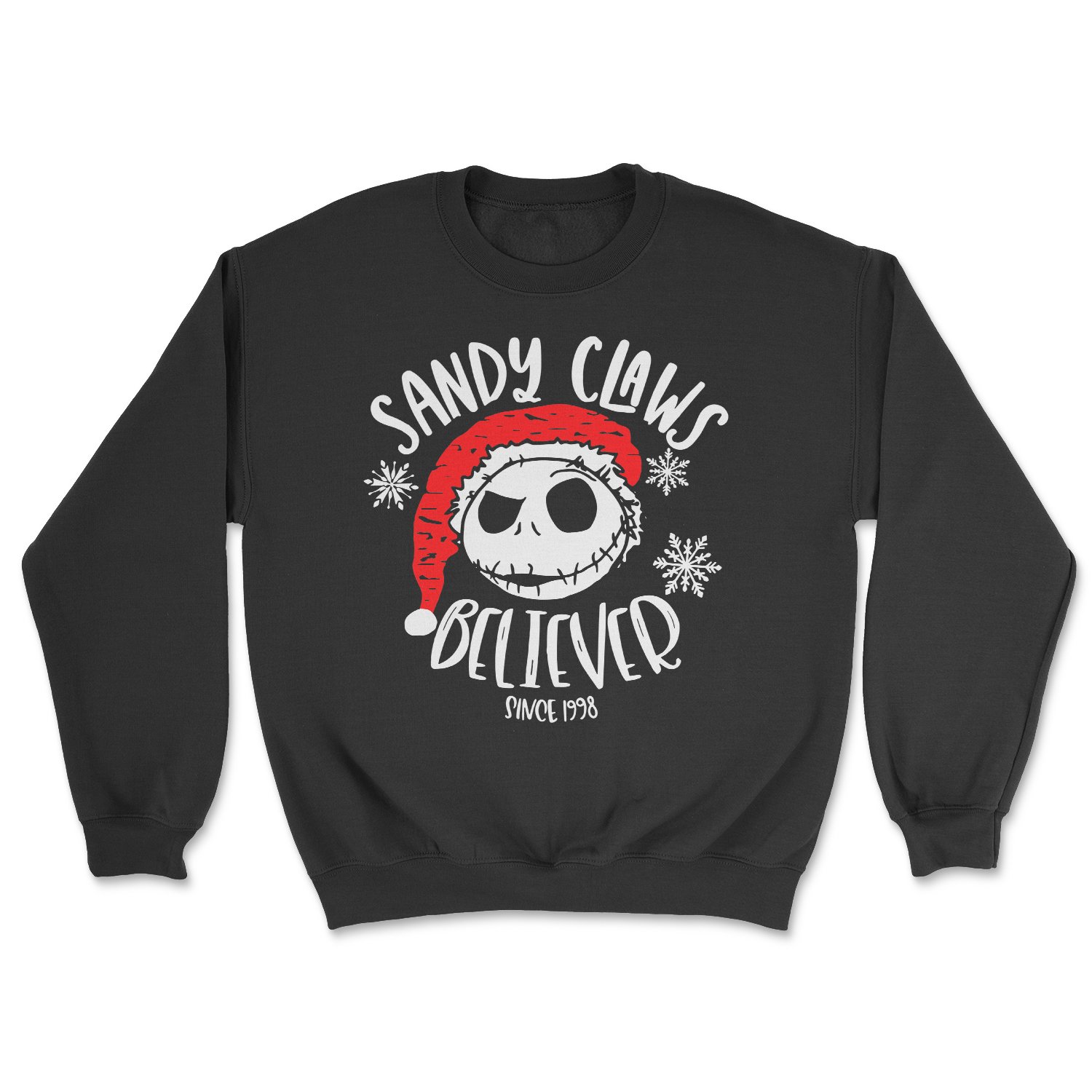 Sandy Claws Believer Sweatshirt featuring festive design, unisex fit, and soft fabric, perfect for holiday celebrations.