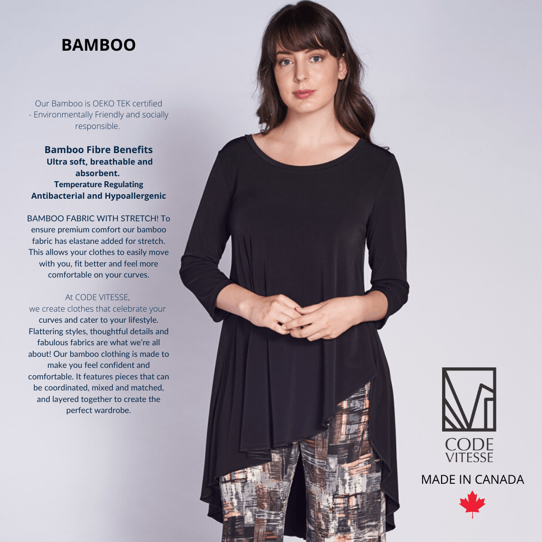 Santa Monica Tunic in bamboo fabric featuring a round neckline and 3/4 length sleeves, showcasing a stylish draped angle hem.