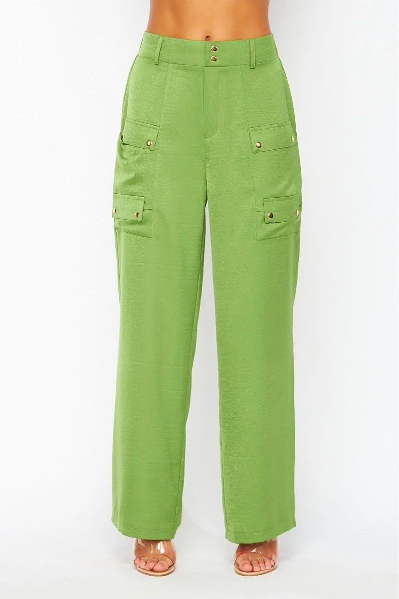 A pair of vintage green satin cargo pocket wide leg pants, featuring four side pockets and a stylish wide leg design.