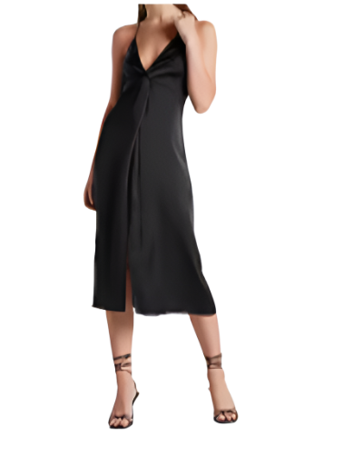 A stylish satin slip dress featuring a twist front design, perfect for cocktail parties and elegant occasions.