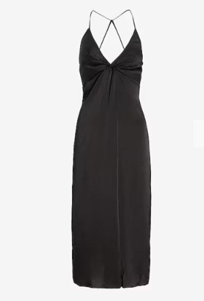 A stylish satin slip dress featuring a twist front design, perfect for cocktail parties and elegant occasions.