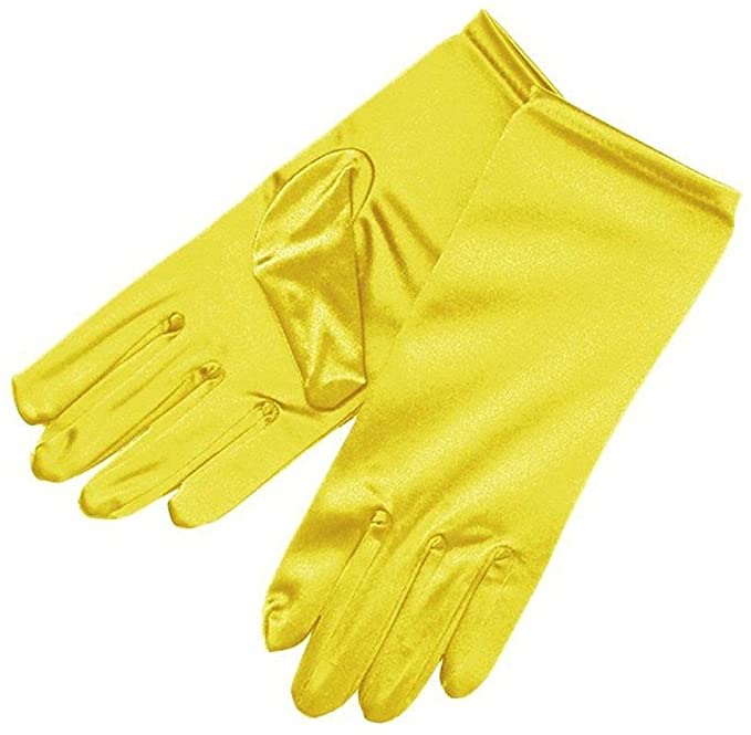 A pair of elegant satin yellow cropped gloves, showcasing a soft texture and stylish design, perfect for winter occasions.