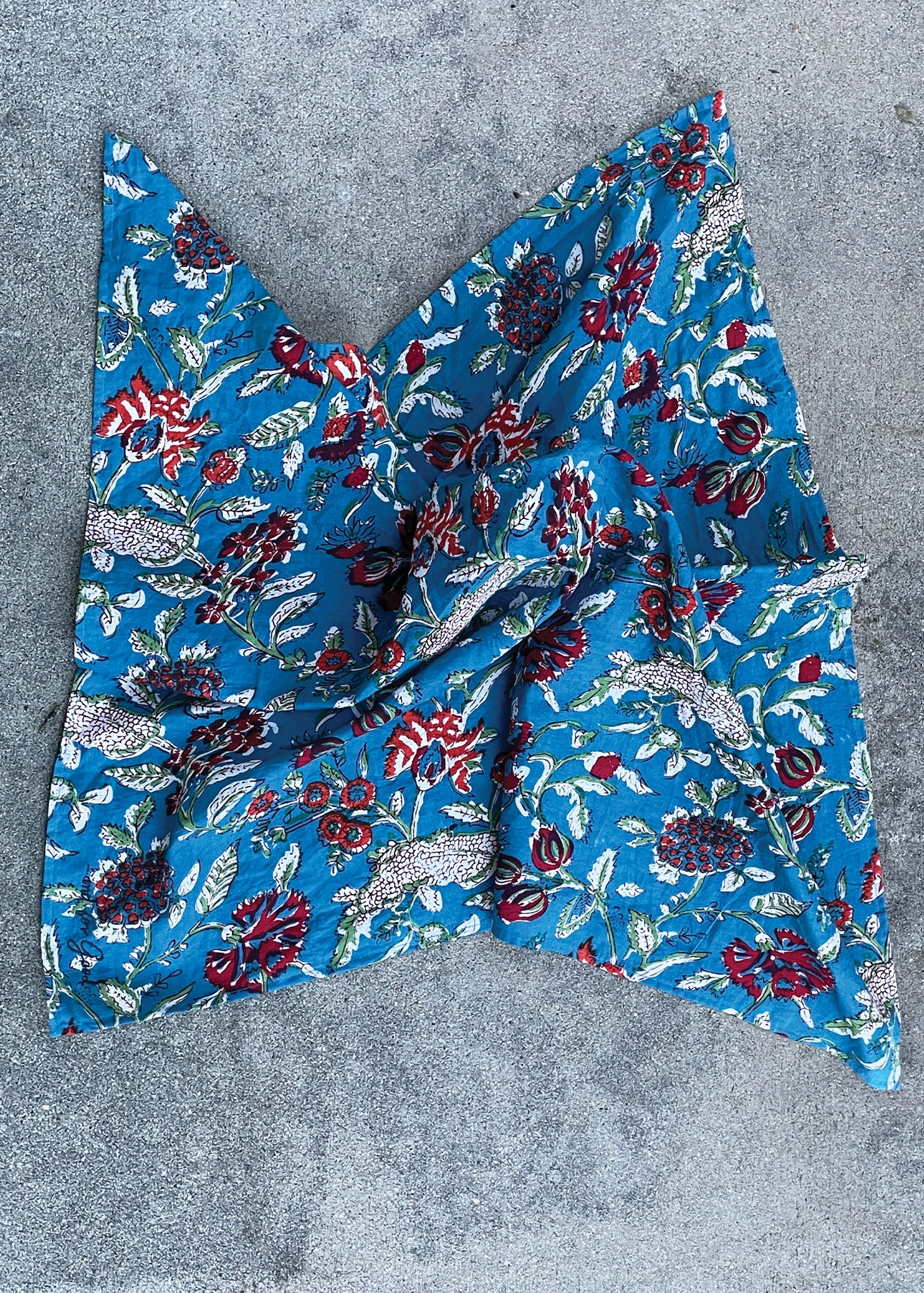 Flora & Fauna Square Scarf featuring vibrant colors and intricate block prints, made from organic cotton, showcasing traditional Indian craftsmanship.