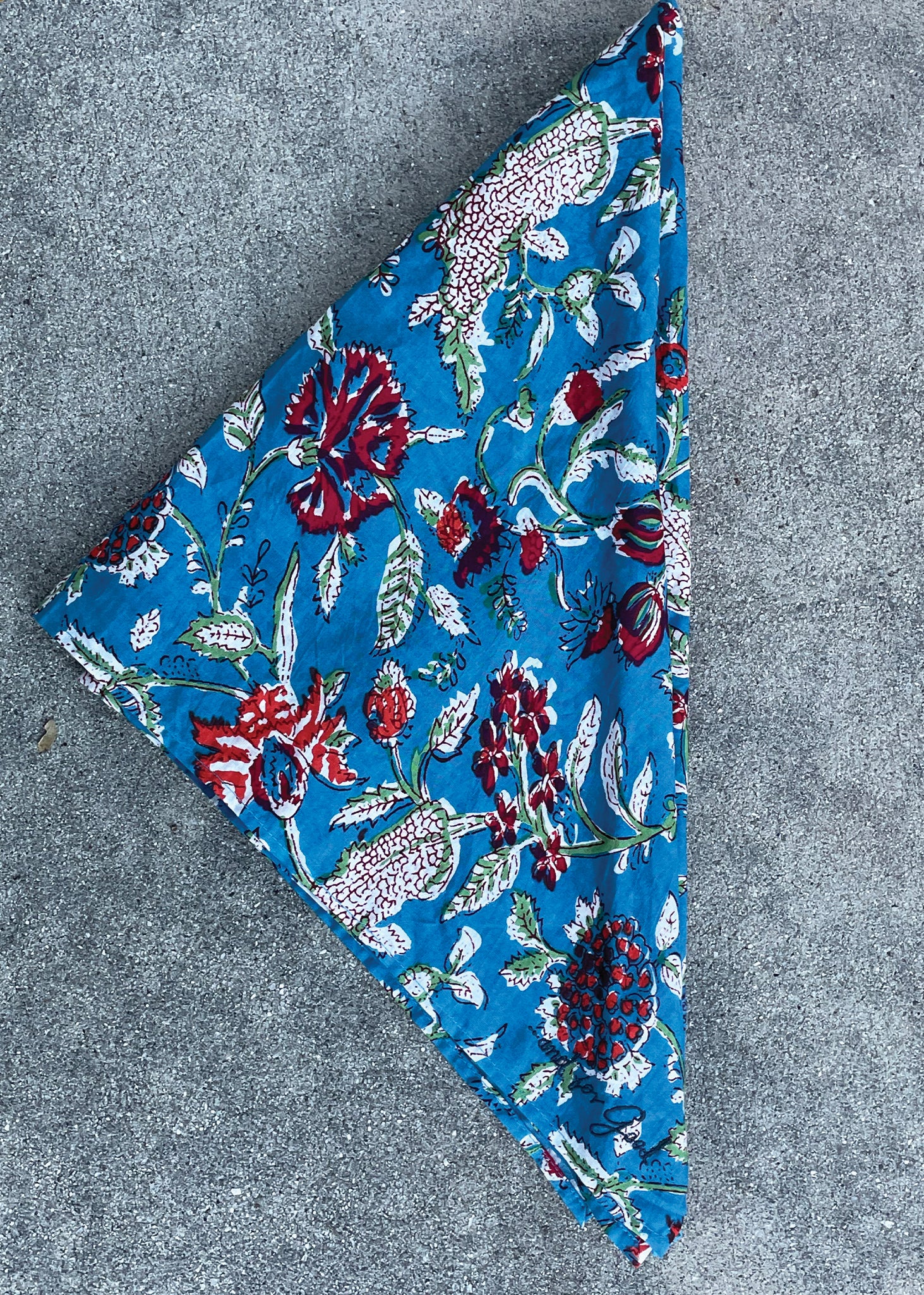 Flora & Fauna Square Scarf featuring vibrant colors and intricate block prints, made from organic cotton, showcasing traditional Indian craftsmanship.