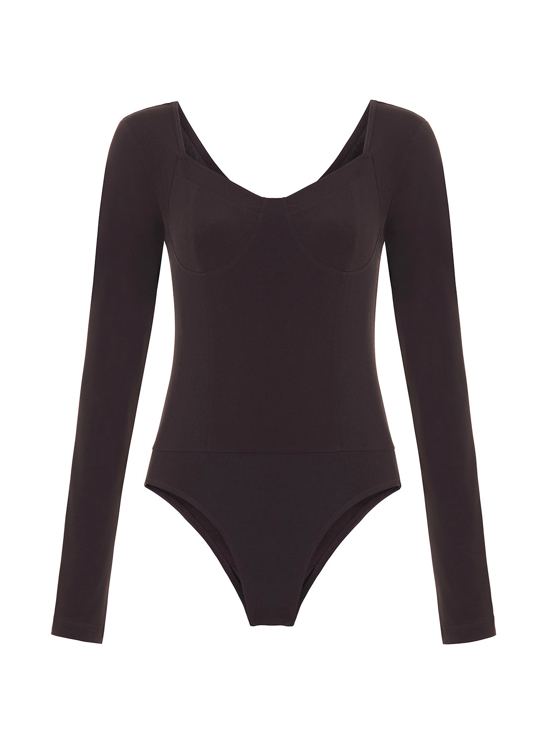 Scoop Neck Bodysuit in Neo Brown with long sleeves and open back design, showcasing its stylish and elegant look.