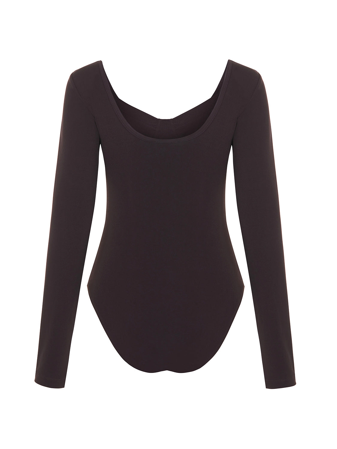 Scoop Neck Bodysuit in Neo Brown with long sleeves and open back design, showcasing its stylish and elegant look.