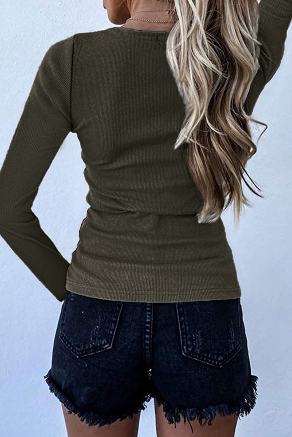 Scoop Neck Buttoned Front Long Sleeve Knitted Top in a cozy ribbed texture, featuring a stylish scoop neck and snap button front.