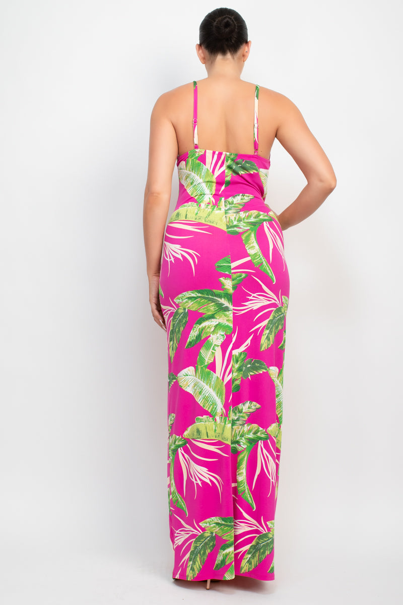 A vibrant Scoop Tropical Print Maxi Dress featuring a bold tropical design, scoop neckline, and adjustable cami straps, perfect for summer outings.