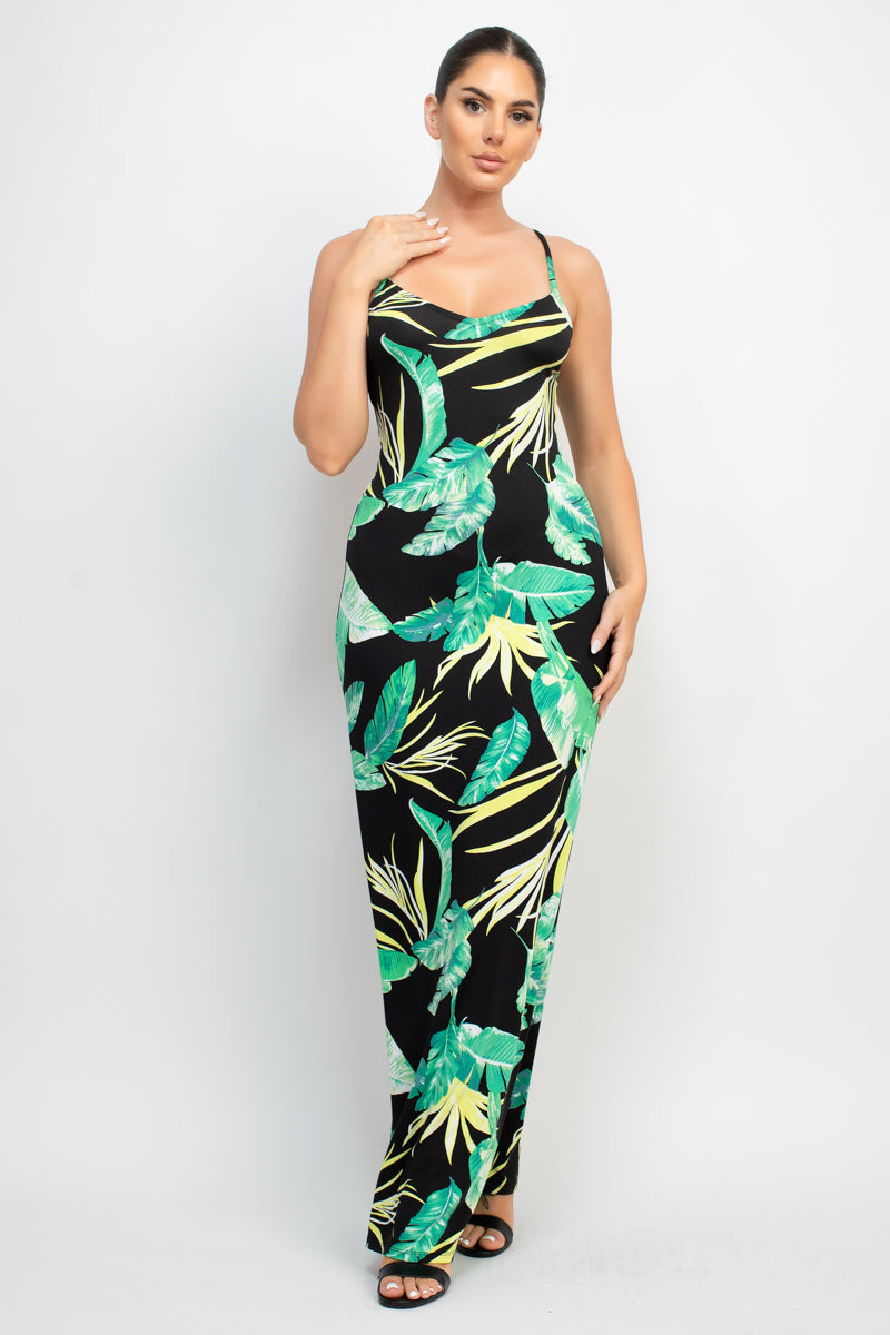 A stylish Scoop Tropical Print Maxi Dress featuring a vibrant tropical print, scoop neckline, and adjustable cami straps, perfect for summer outings.