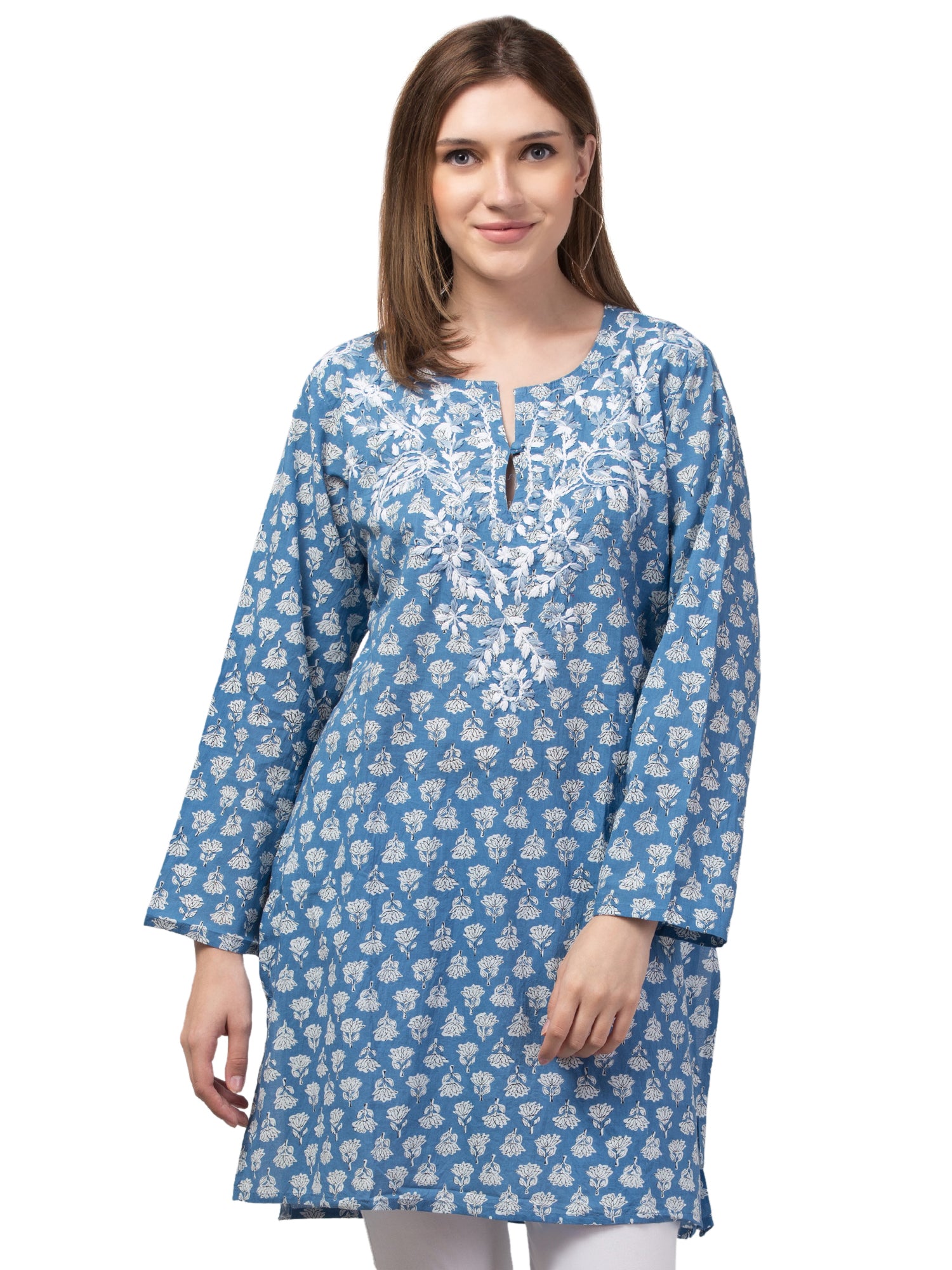 A stylish Sea Blue Tunic jacket made from lightweight Indian cotton, showcasing intricate craftsmanship and a vibrant color.