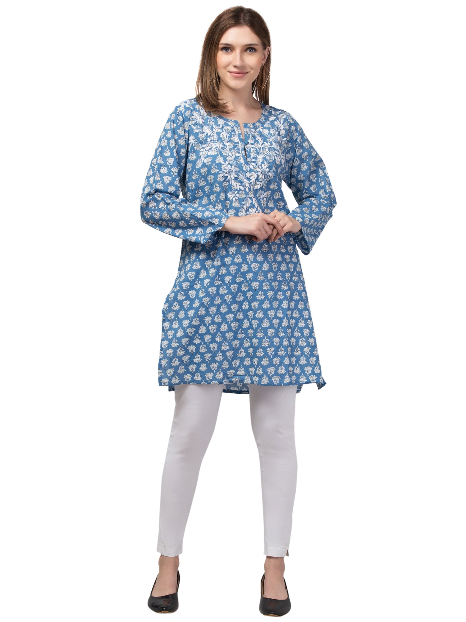 A stylish Sea Blue Tunic jacket made from lightweight Indian cotton, showcasing intricate craftsmanship and a vibrant color.