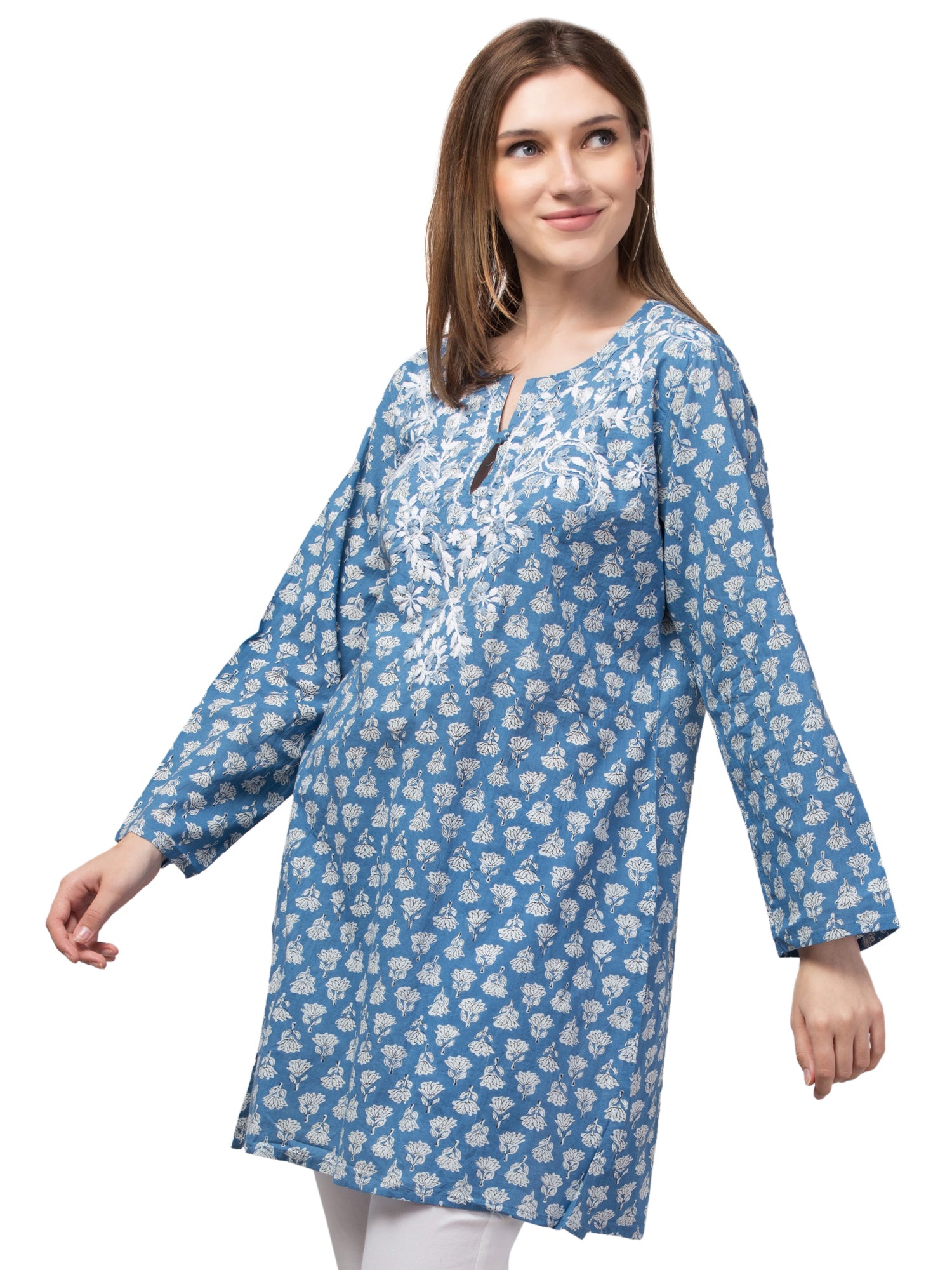 A stylish Sea Blue Tunic jacket made from lightweight Indian cotton, showcasing intricate craftsmanship and a vibrant color.