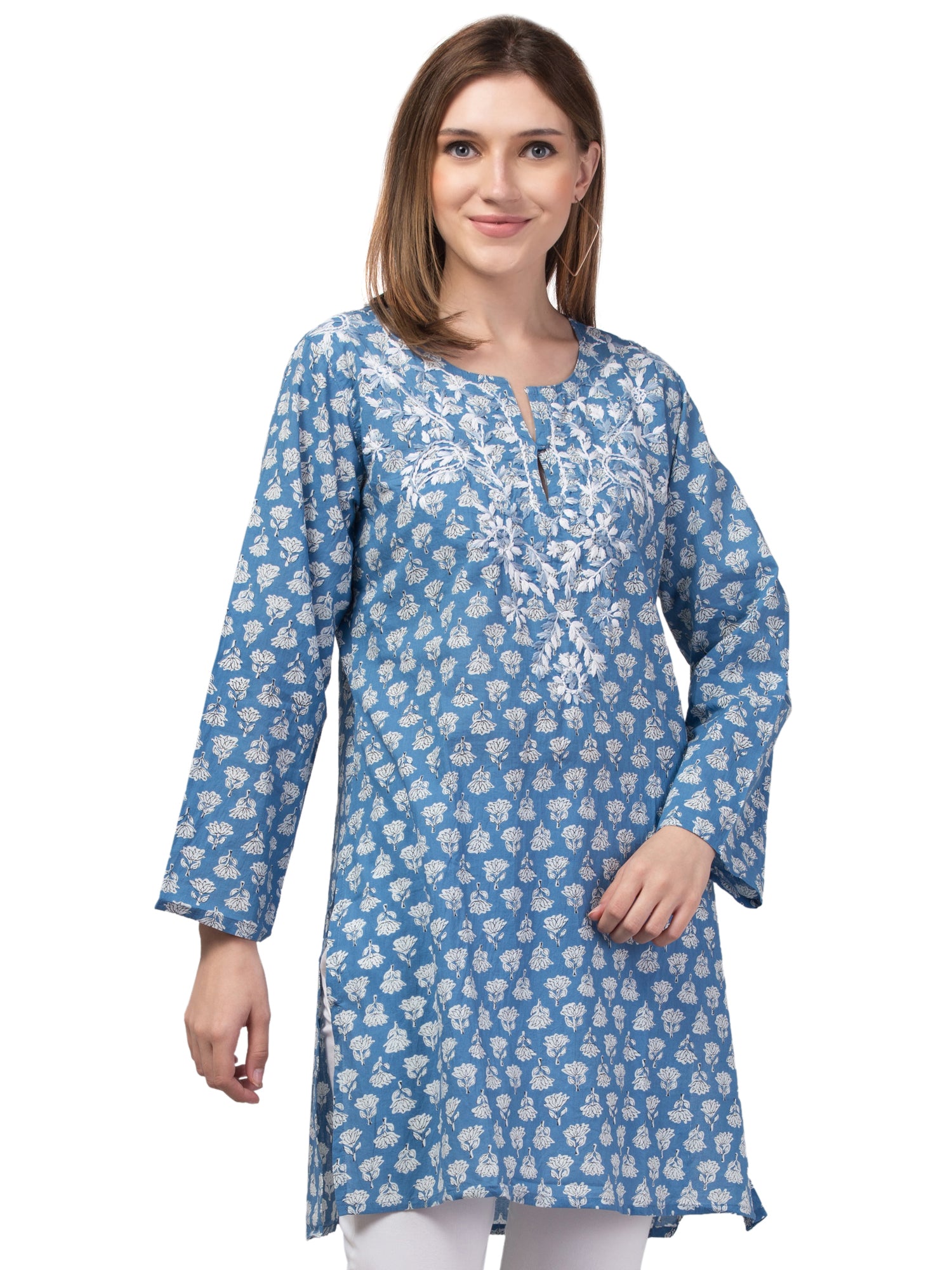 A stylish Sea Blue Tunic jacket made from lightweight Indian cotton, showcasing intricate craftsmanship and a vibrant color.