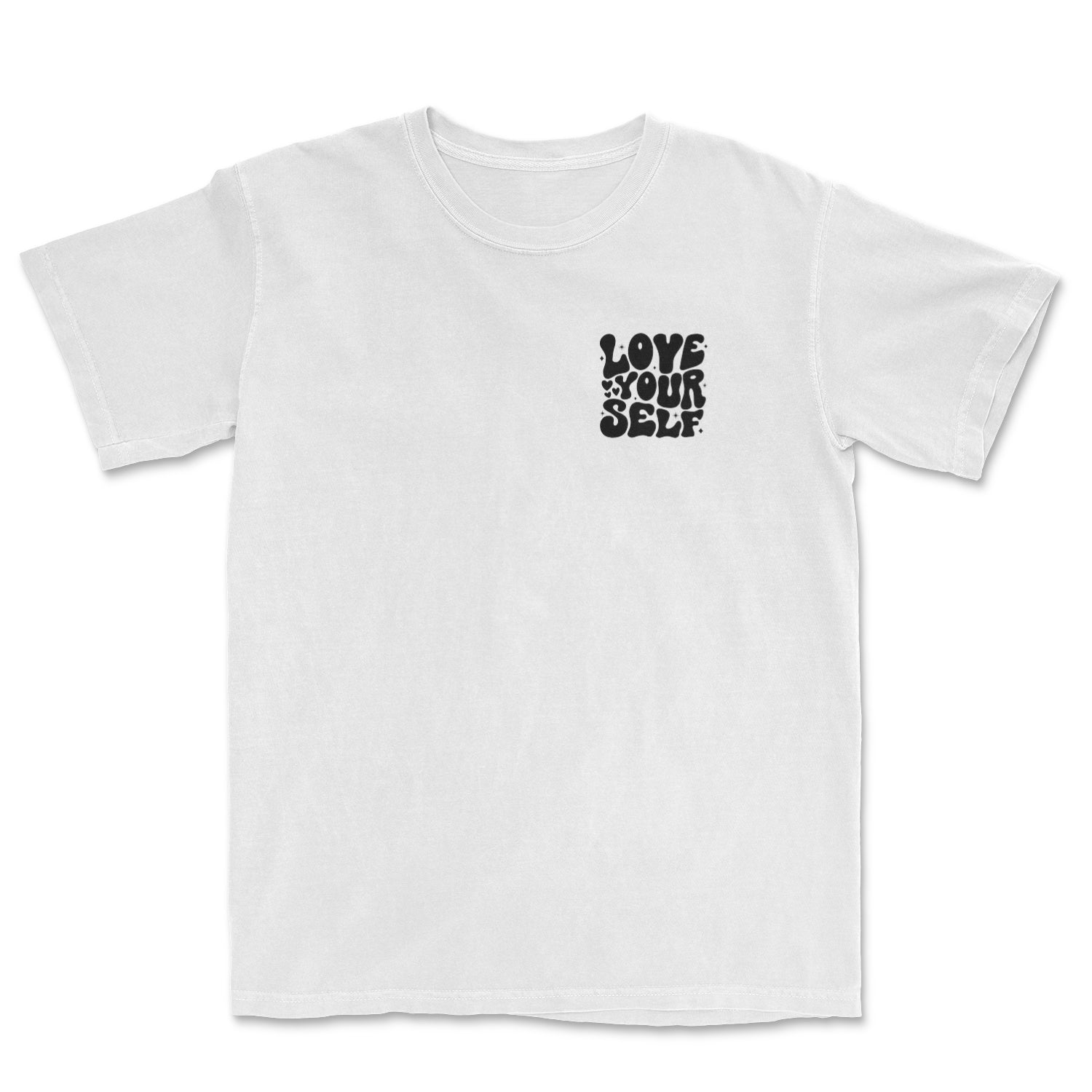 A stylish white t-shirt featuring the phrase 'Self Love' printed in a modern font, showcasing a comfortable unisex fit.