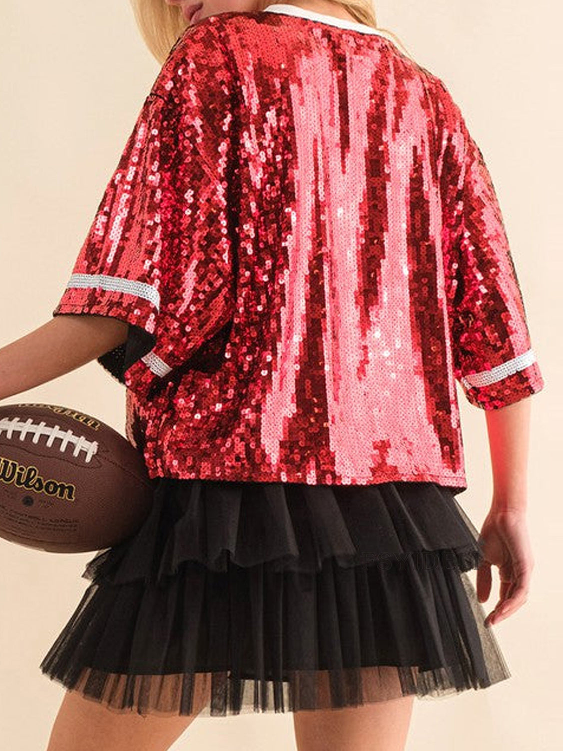 A stylish Sequin Football Round Neck Half Sleeve Top featuring shimmering sequins, round neck design, and half sleeves, perfect for casual outings.