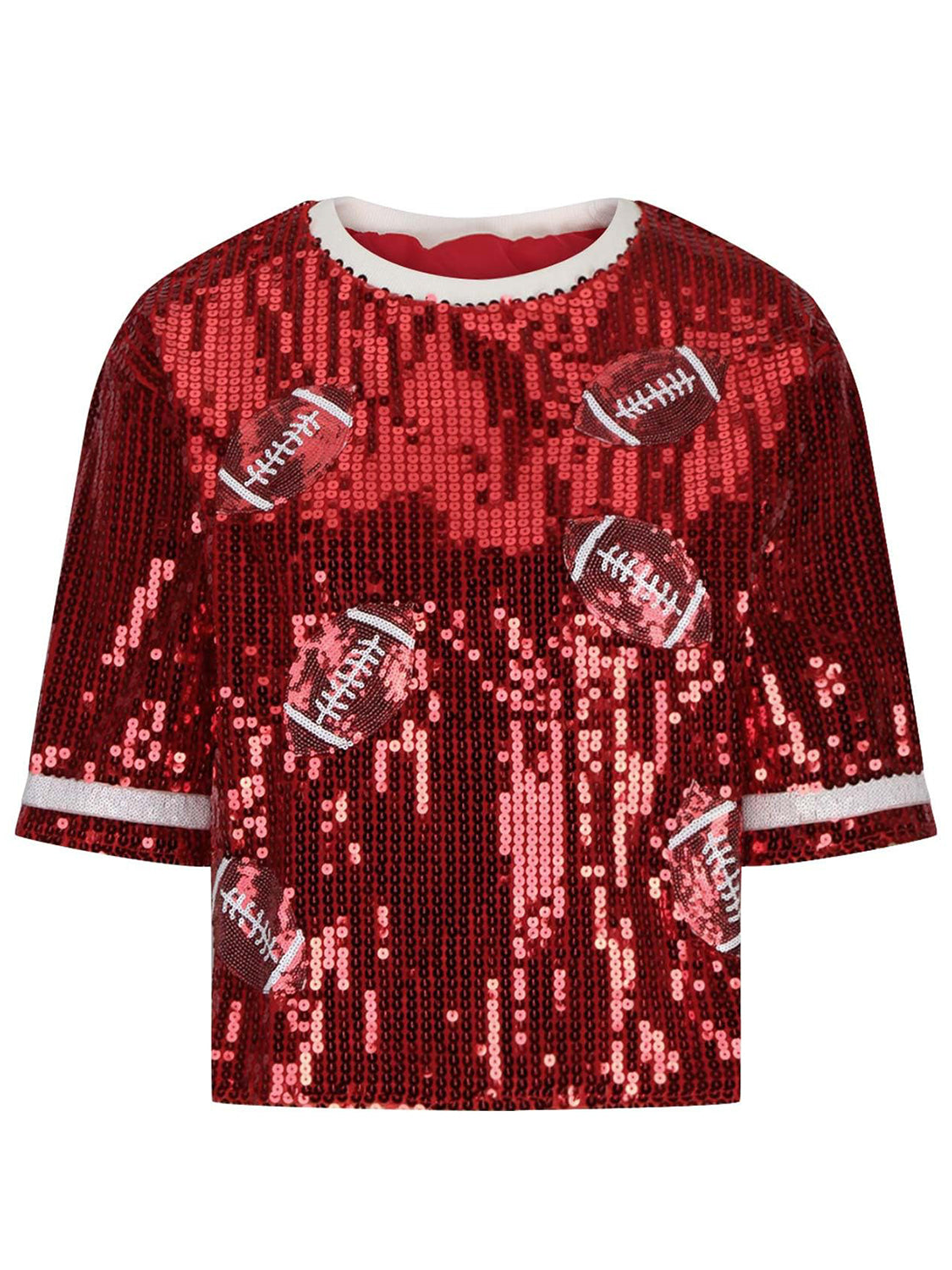 A stylish Sequin Football Round Neck Half Sleeve Top featuring shimmering sequins, round neck design, and half sleeves, perfect for casual outings.