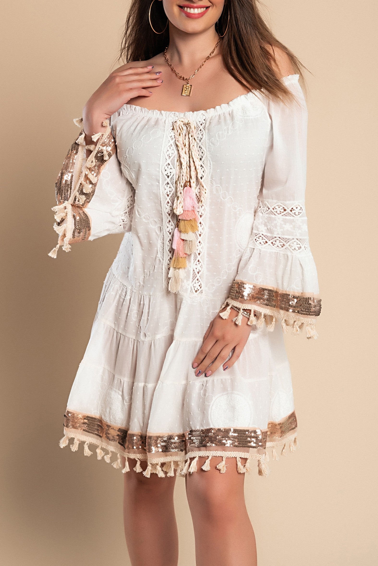 Sequin Summer Mini Dress Corla in White, featuring short sleeves with sequins and a loose fit design.