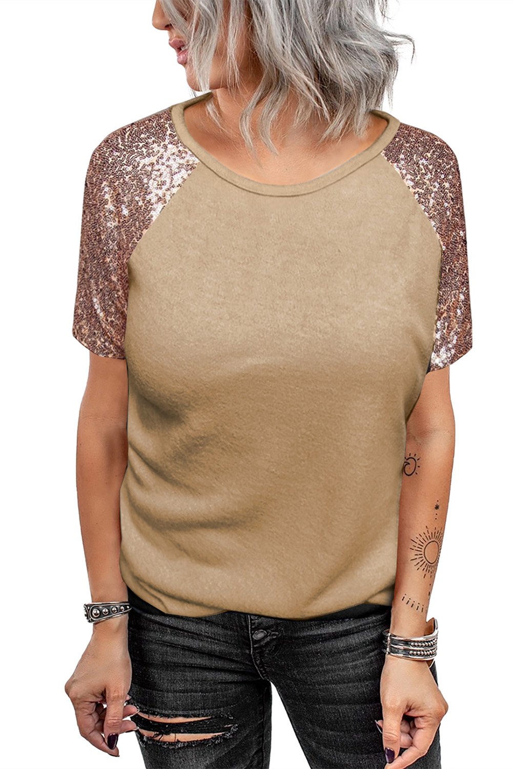 A stylish Sequins Short Sleeves Tee featuring glimmering sequin sleeves and a comfortable round neckline, perfect for various occasions.