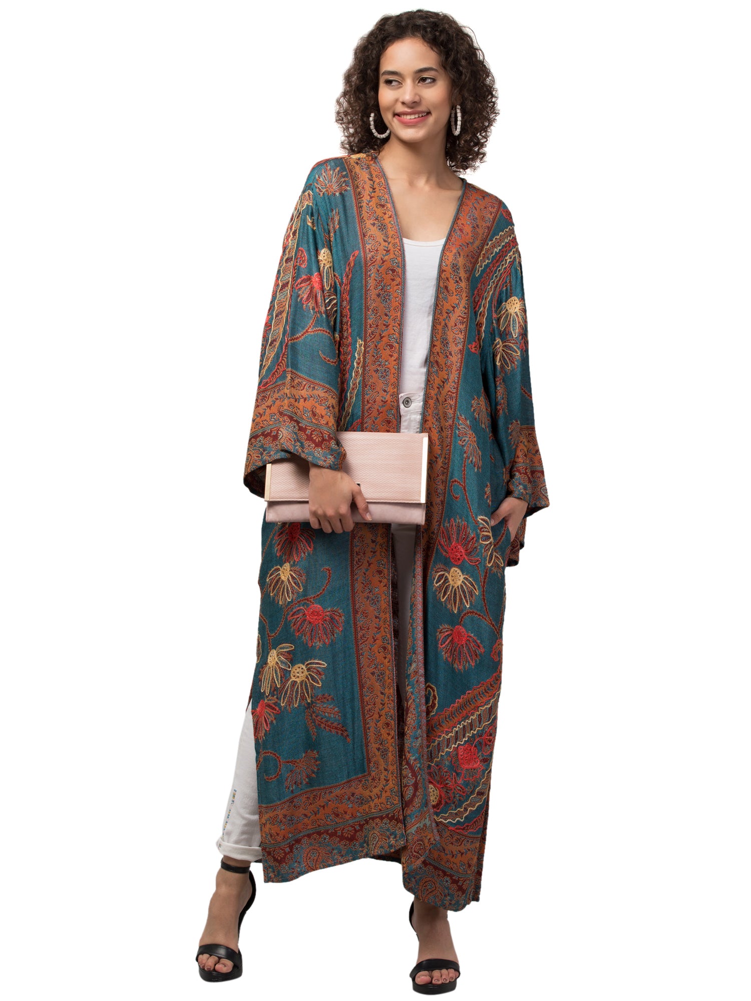 The Seraphina Kimono Jacket featuring intricate hand embroidery and thick-stitched fabric, showcasing a vibrant bohemian design.