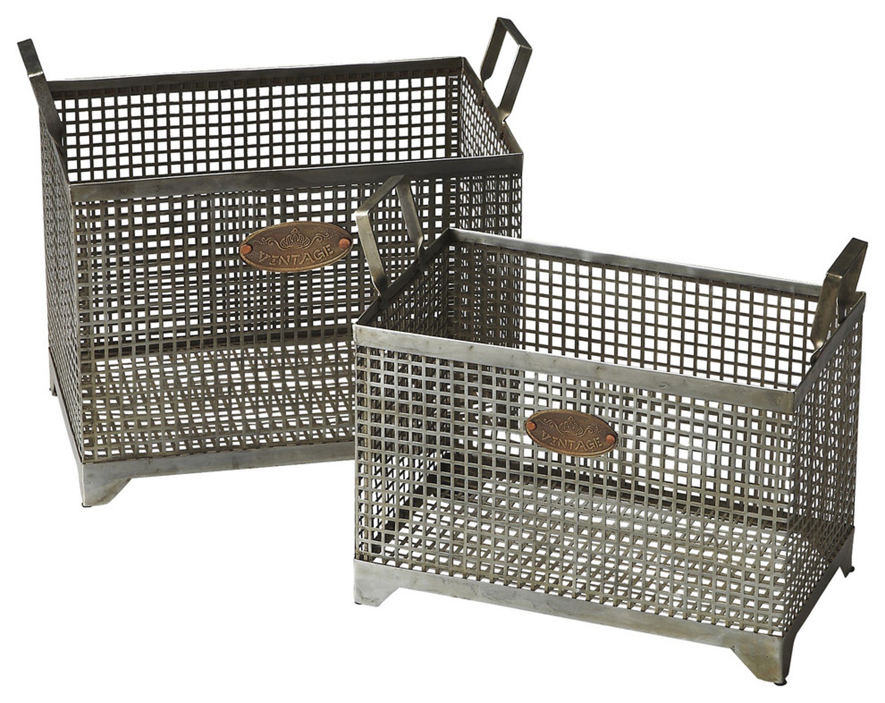 Set of 2 iron storage baskets with vintage bronze tags, showcasing their sturdy design and versatile use.