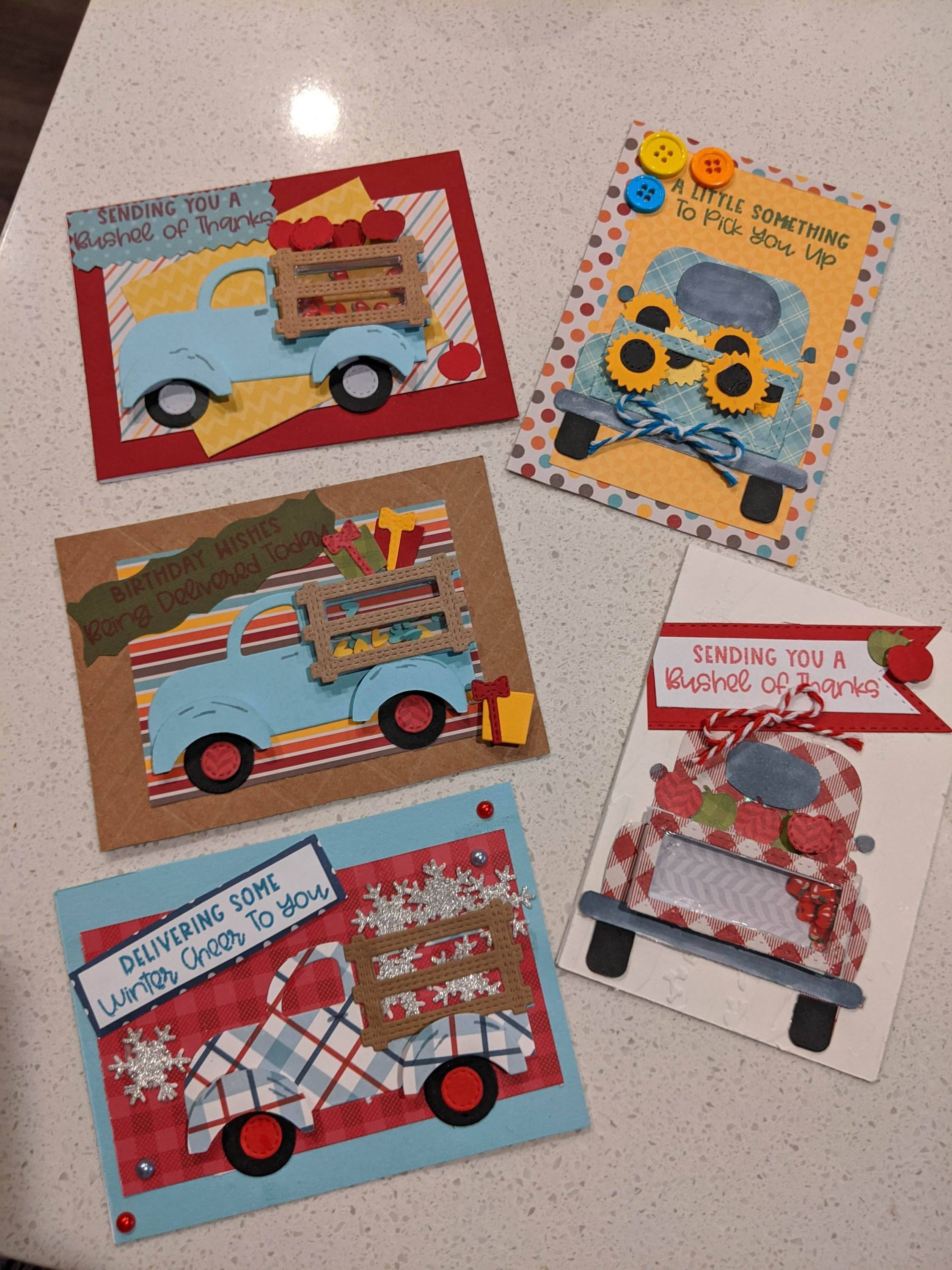 A set of 5 handmade vintage truck cards featuring 3-D shaker designs, beautifully crafted with matching envelopes.