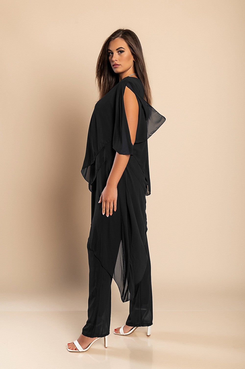 Elegant black translucent tunic and long pants set, showcasing a loose fit and round collar, perfect for stylish occasions.