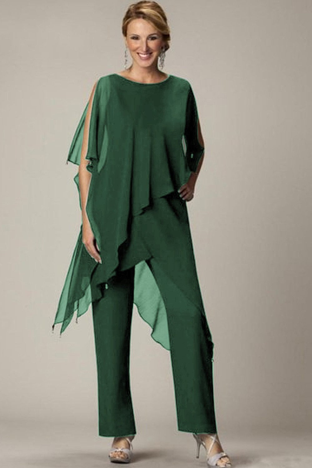 Elegant green translucent tunic and long pants set, showcasing a loose fit and round collar, made from high-quality polyester fabric.