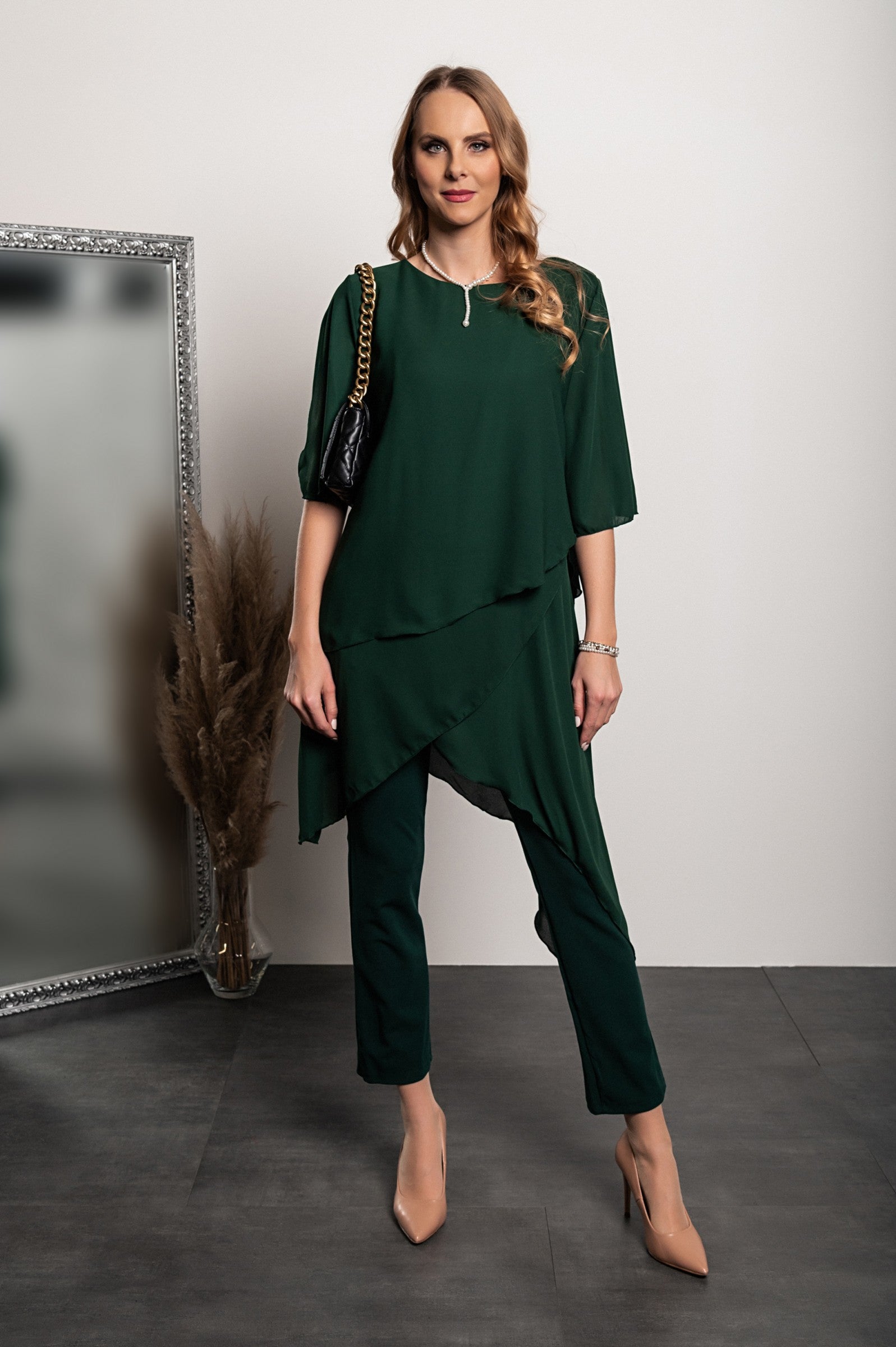 Elegant green translucent tunic and long pants set, showcasing a loose fit and round collar, made from high-quality polyester fabric.