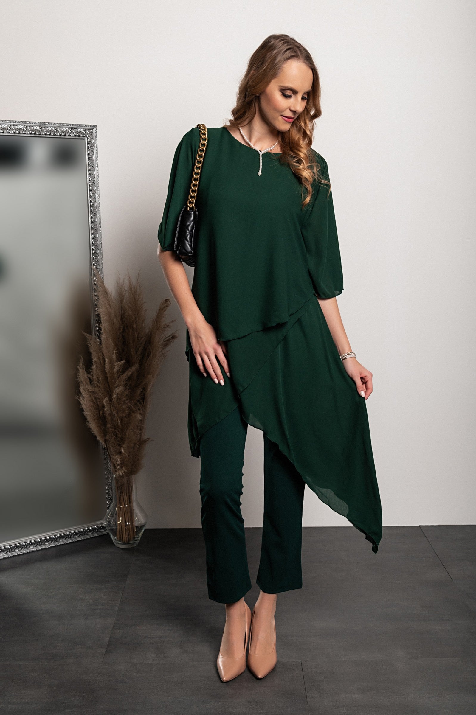 Elegant green translucent tunic and long pants set, showcasing a loose fit and round collar, made from high-quality polyester fabric.