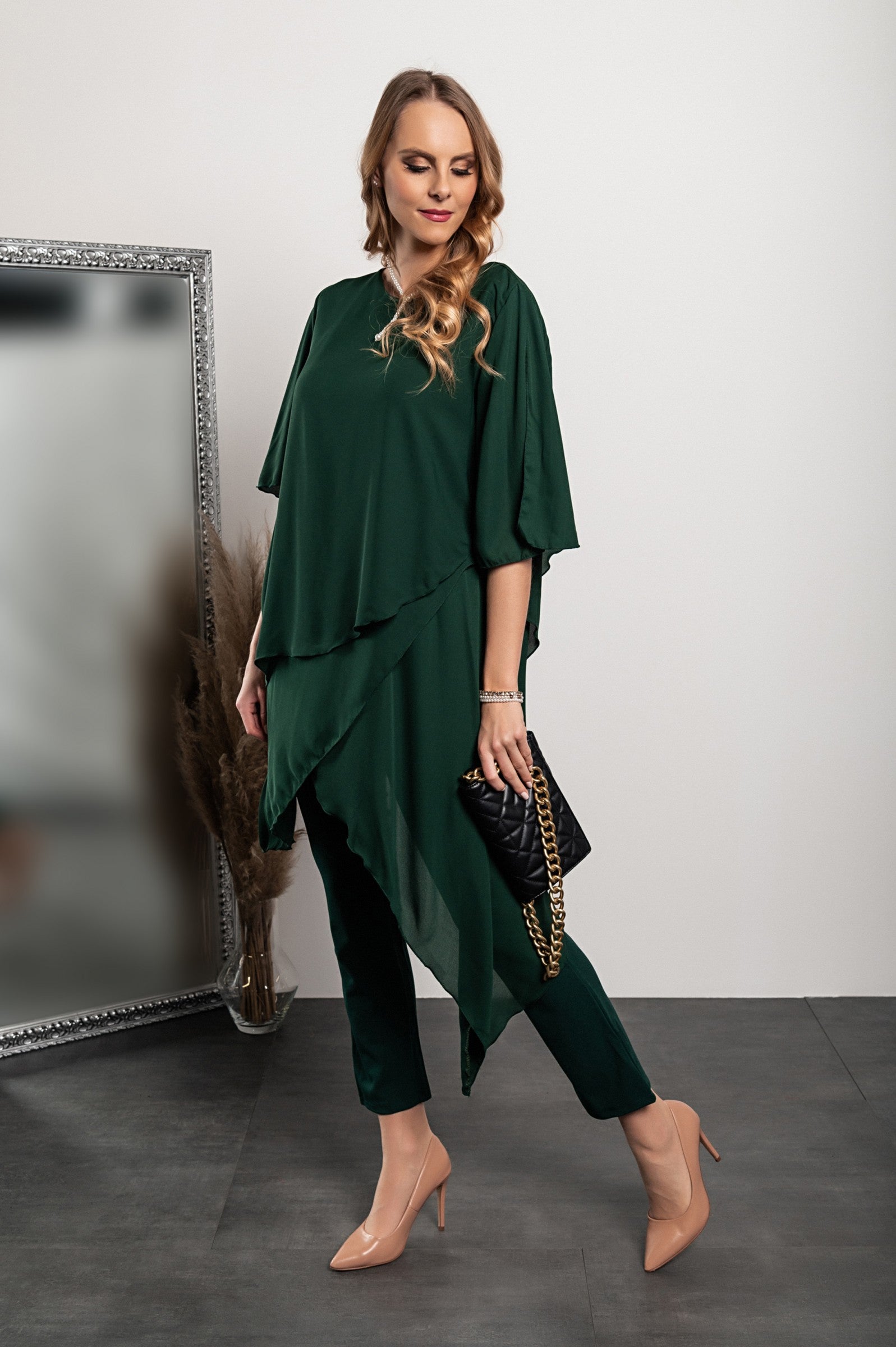 Elegant green translucent tunic and long pants set, showcasing a loose fit and round collar, made from high-quality polyester fabric.