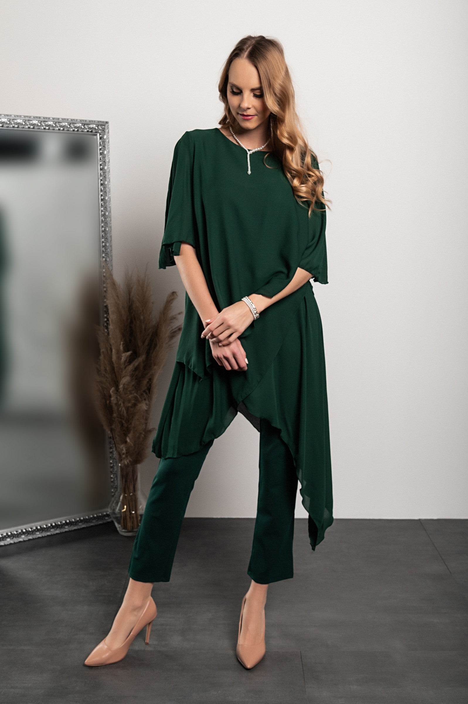 Elegant green translucent tunic and long pants set, showcasing a loose fit and round collar, made from high-quality polyester fabric.